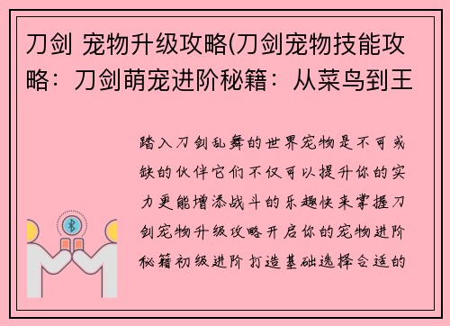 刀剑 宠物升级攻略(刀剑宠物技能攻略：刀剑萌宠进阶秘籍：从菜鸟到王者)